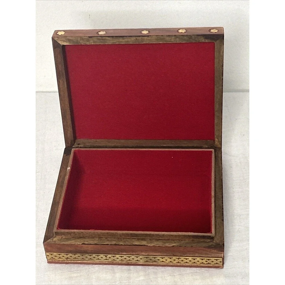 Glass Wood Trinket Jewelry Box Brass Inlay Trim Handmade Mumbai Gateway India
